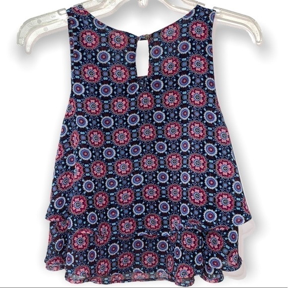 Peach Royal Blue Tank Top w Floral Bright Print Size Small - Picture 2 of 4